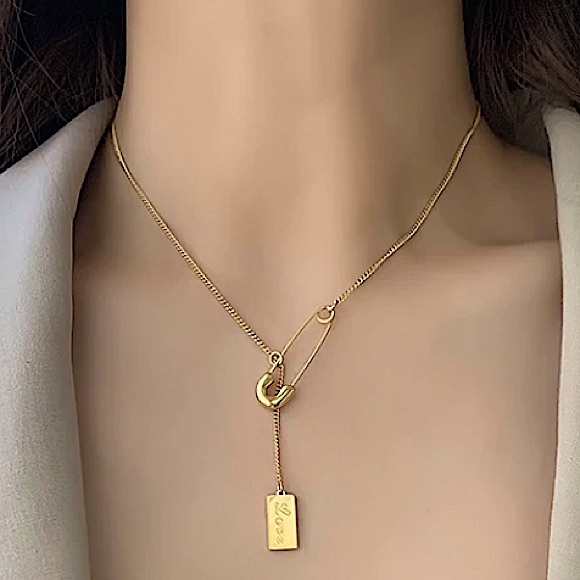 Safety Pin Gold Plated Love Necklace - Picture 7 of 14